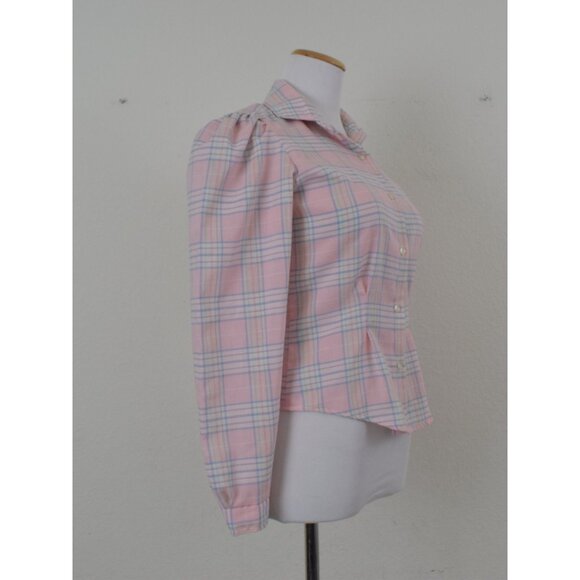 Vintage 80s Plaid Long Sleeves Poly/Cotton Pastel Button up Blouse - Picture 4 of 10